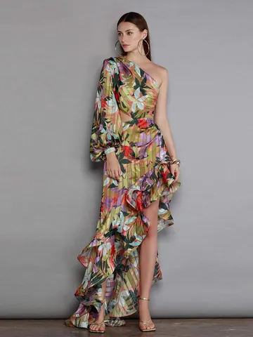 Sexy Un Hombro Manga Única Volantes Vestido Maxi Estampado Floral Dobladillo Irregular Abertura Vacaciones Fiesta Noche Mujer