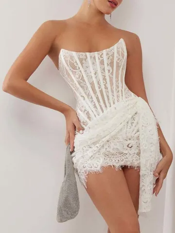 Elegant Women White Lace Corset Strapless Dress Sexy Fishbone Mesh Splicing Mini Dress Elegant Party Banquet Evening Dress For Ladies