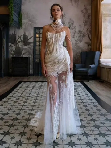 Elegant White Lace Sheer Patchwork Corset Strapless Dress Sexy Fishbone Wedding Banquet Gown For Women Long Evening Dress
