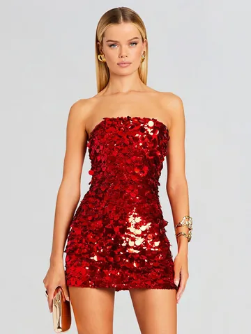 Vestido Mini Sexy Sin Tirantes con Lentejuelas para Mujer Ajustado de Alta Gama Ropa de Fiesta y Club Sin Mangas Poliéster Brillante