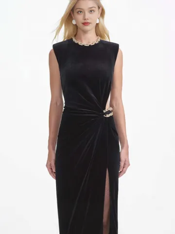 Women Sexy Polyester Velvet Sleeveless Hollow Out Bodycon Midi Dress With Gold Chain Slit Evening Party Bridesmaid Gown