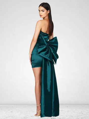 Women Strapless Bodycon Mini Dress With Detachable Giant Bow Long Train Ruched Satin Evening Party Prom Wedding Gown
