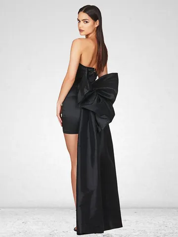 Women Strapless Bodycon Mini Dress With Detachable Giant Bow Long Train Ruched Satin Evening Party Prom Wedding Gown