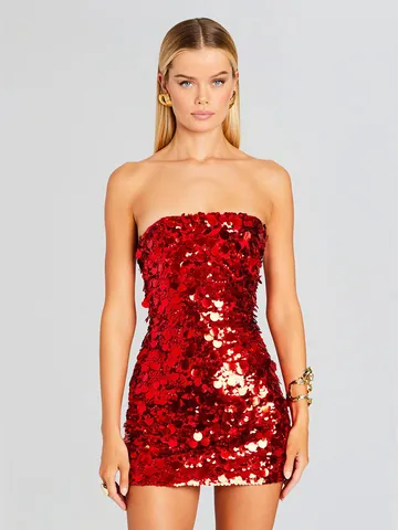 Vestido Mini Sexy Sin Tirantes con Lentejuelas para Mujer Ajustado de Alta Gama Ropa de Fiesta y Club Sin Mangas Poliéster Brillante
