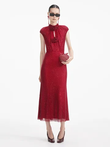 Vestido Largo Sexy para Mujer con Diamantes de Imitación Rojos Hot-Fix Decoración Floral 3D Sin Mangas Cuello Perkins Vestido de Noche