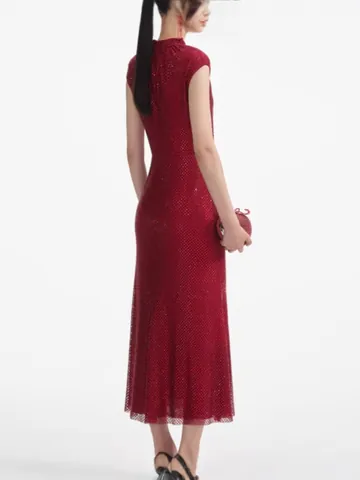 Vestido Largo Sexy para Mujer con Diamantes de Imitación Rojos Hot-Fix Decoración Floral 3D Sin Mangas Cuello Perkins Vestido de Noche