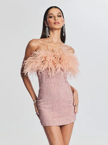 Vestido Mini Sexy Para Mujer Sin Tirantes Con Espalda Descubierta Plumas De Avestruz Y Lentejuelas Elegante Fiesta Top And Bottom