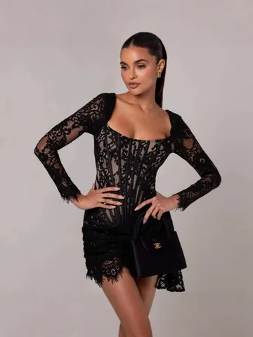 Women Sexy Lace Corset Mini Dress Long Sleeve Boned Waist Bodycon Dress Elegant Ruched Party Banquet Dress For Ladies