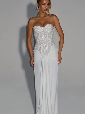 High-End Women Sequin Tube Top Maxi Dress Sexy Slim Fit Ruched Evening Gown White Pleated Party Banquet Formal Dress