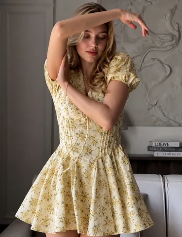 Women Sexy Deep V Neck Short Sleeve Floral Dress French Vintage Puff Sleeve Pleated Fluffy Mini Vacation Dress
