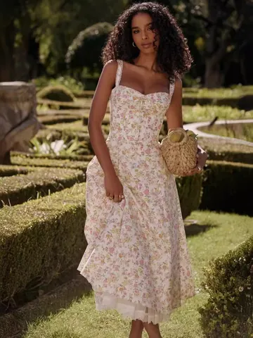 Vestido Midi de Tirantes Sexy para Mujer Estampado Floral Cintura de Corsé Vintage Línea A Vestido de Fiesta con Encaje