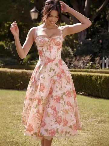 Vestido Midi de Tirantes Sexy para Mujer Estampado Floral Cintura de Corsé Vintage Línea A Vestido de Fiesta con Encaje