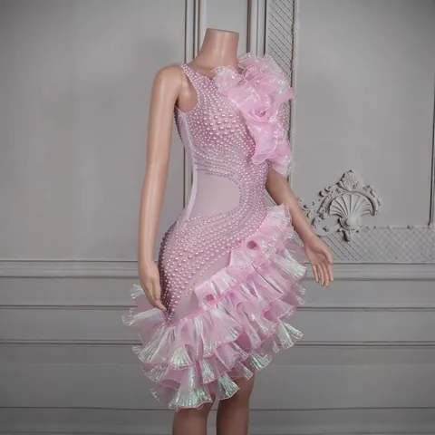 Damen Rosa Glänzend Künstliche Perle Rüschen Kleid Bühne Aufführung Fotografie Bodycon Elasthan V-Ausschnitt Ärmellos Mini Kleid