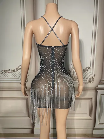 Women Sexy See-Through Cotton Rhinestone Fringe Mini Dress Luxury Sparkling Bronzing Tassel Bodycon Stage Performance Dress