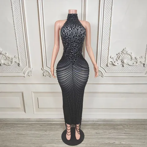 Luxury Black Halter Dress Rhinestone Chain Embellished Women Sexy Backless Slim Fit Maxi Gown For Party Stage Performance