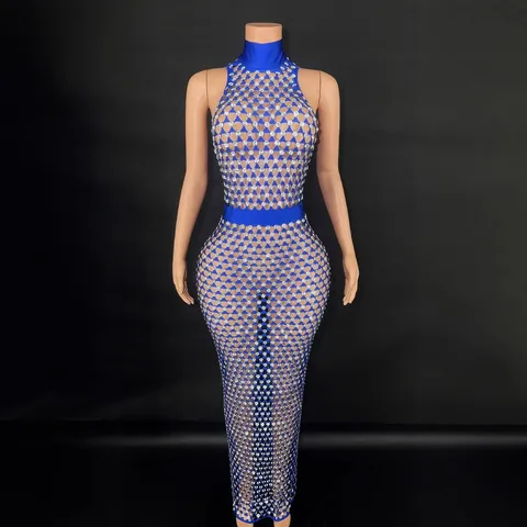 Women Sexy Blue Rhinestone Mesh See-Through Long Dress High Neck Sleeveless Gown For Birthday Party Stage Performance Costume