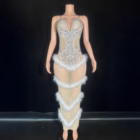 Luxury Silver Rhinestone Feather Bodycon Dress For Women Elegant V-Neck Sleeveless Gown For Annual Meeting Performance Costume