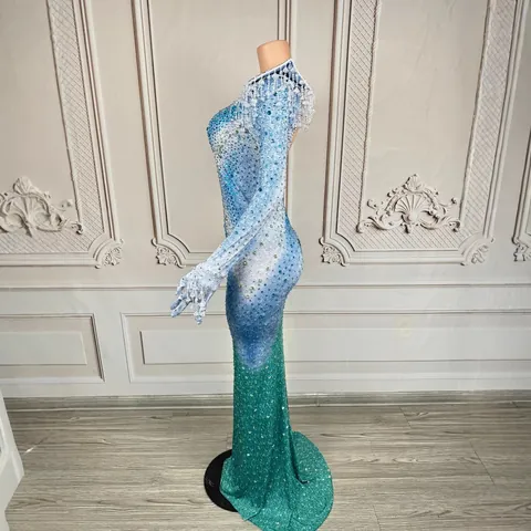 Luxury Women Ombre Fish Tail Dress V Neck Long Sleeve Rhinestone Sequin Evening Party Gown Stage Performance Backless Top And Bottom Dress