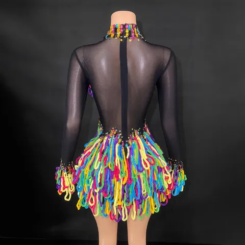 Women Sexy Spandex Rhinestone High Neck Long Sleeve Mesh Transparent Mini Dress With Colorful Fringe Performance Clubwear