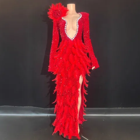 Women's Sexy V-Neck Sequin Feather Maxi Dress Red Rhinestone Mesh Performance Costume Singer Stage Photography Long Dress Top And Bottom