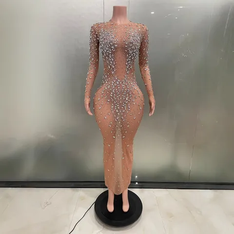 Women Sexy Rhinestone Mesh Maxi Dress Sheer Bodycon Long Sleeve Slit Dress Luxury Stage Club Performance Wear Top And Bottom