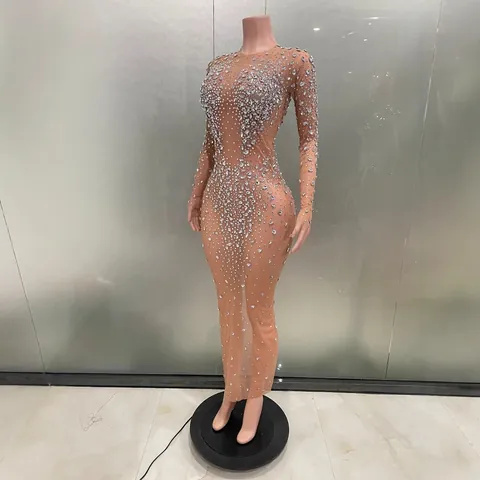 Women Sexy Rhinestone Mesh Maxi Dress Sheer Bodycon Long Sleeve Slit Dress Luxury Stage Club Performance Wear Top And Bottom
