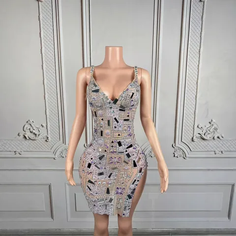 New Women Sexy V Neck Sleeveless Rhinestone Mirror Lens Side Slit Elastic Mini Dress Birthday Party Performance Stage Outfit