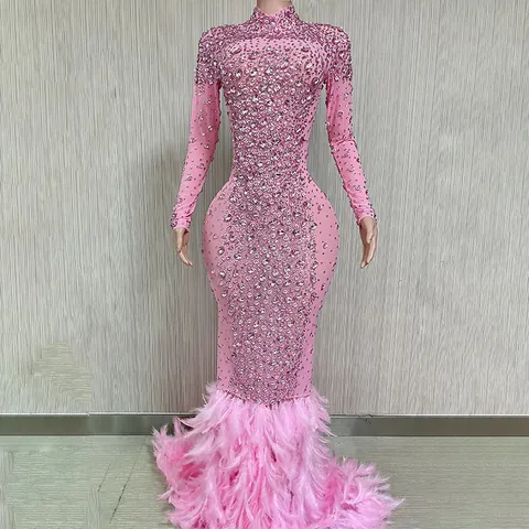 Luxuriöses Damen Strass Pailletten Feder Abendkleid Netz Langarm Rückenfrei Meerjungfrau Bankett Bühne Performance Party Kleid