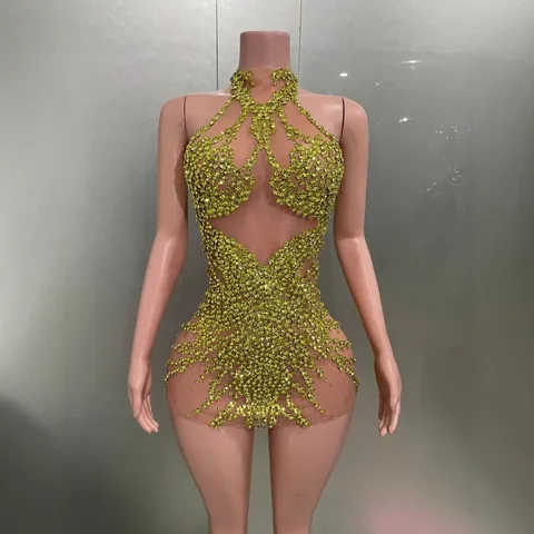 Glänzend Gold Strass Netz Spandex Bodycon Sexy Mini Kleid Nachtclub Bar Bühne Performance Outfit Ärmellos Halfter Party Kleid