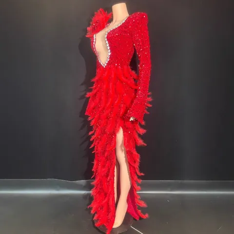 Women's Sexy V-Neck Sequin Feather Maxi Dress Red Rhinestone Mesh Performance Costume Singer Stage Photography Long Dress Top And Bottom