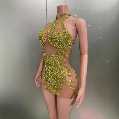 Glänzend Gold Strass Netz Spandex Bodycon Sexy Mini Kleid Nachtclub Bar Bühne Performance Outfit Ärmellos Halfter Party Kleid