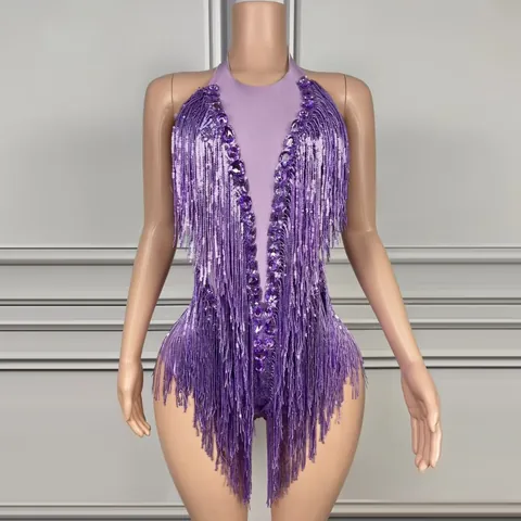 Women Sexy Rhinestone Fringe Bodysuit Halter Backless Mesh Sequin Top And Bottom For Stage Performance Party Clubwear