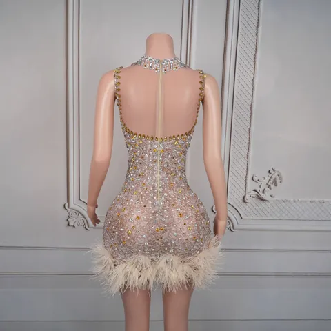 Luxurious Women Rhinestone Mirror Fringe Mini Dress Sleeveless Sparkly Feather Stage Performance Birthday Party Dress