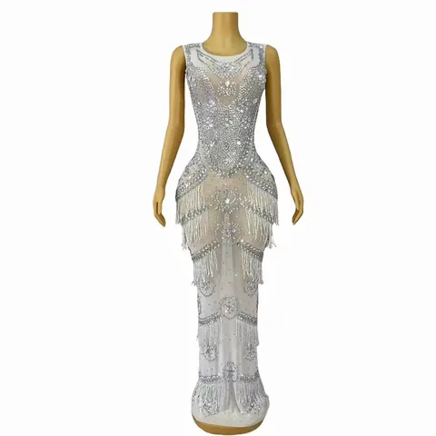 Luxury Women Mermaid Evening Gown Sparkling Rhinestone Sequin Long Dress Tassels Sleeveless V-Neck Wedding Guest Banquet Party Dress