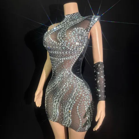 Women Sexy One Shoulder Rhinestone Mesh Dress Black See Through Stage Performance Outfit With Single Sleeve Party Mini Dress