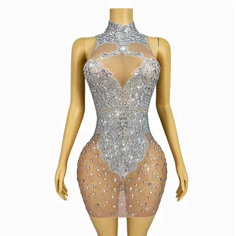 Women Halter Backless Stage Performance Bodysuit Luxurious Silver Rhinestone Inlaid Mesh Leotard Sexy Nightclub Disco Clubwear