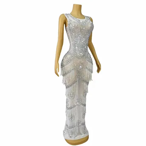 Luxury Women Mermaid Evening Gown Sparkling Rhinestone Sequin Long Dress Tassels Sleeveless V-Neck Wedding Guest Banquet Party Dress