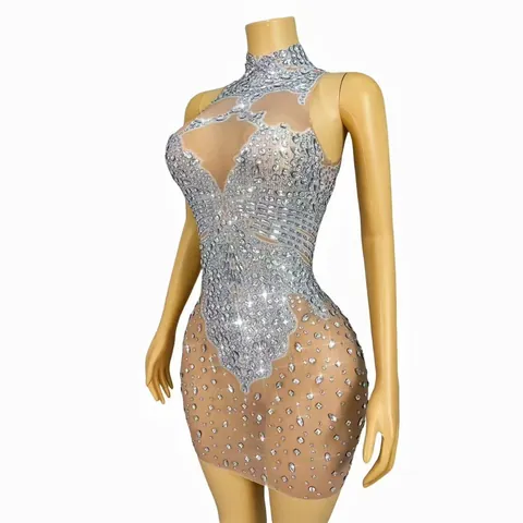 Women Halter Backless Stage Performance Bodysuit Luxurious Silver Rhinestone Inlaid Mesh Leotard Sexy Nightclub Disco Clubwear