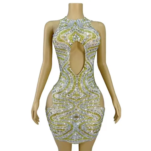 Women Sexy Rhinestone Mesh Sheer Hollow Out Mini Dress Gold Silver Sparkling Bodycon Birthday Cocktail Party Stage Performance Dress