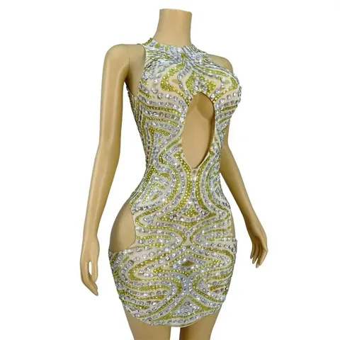 Women Sexy Rhinestone Mesh Sheer Hollow Out Mini Dress Gold Silver Sparkling Bodycon Birthday Cocktail Party Stage Performance Dress