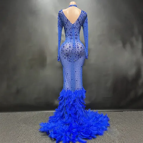 Elegant Mesh Rhinestone Sequin Feather Evening Dress Sexy Backless Mermaid Long Gown For Performance Party Women Banquet Wear