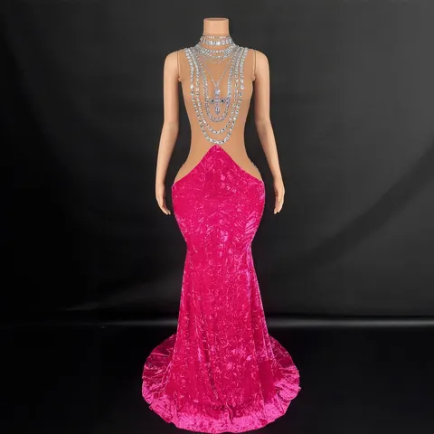 Luxurious Mock Neck Rhinestone Velvet Mermaid Evening Dress Floor Length Bodycon Formal Gown For Women Banquet Party