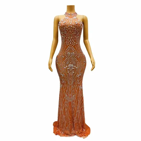 Sexy Halter Neck Rhinestone Long Evening Dress For Women Luxurious Mermaid Bodycon Banquet Party Performance Maxi Dress Polyester
