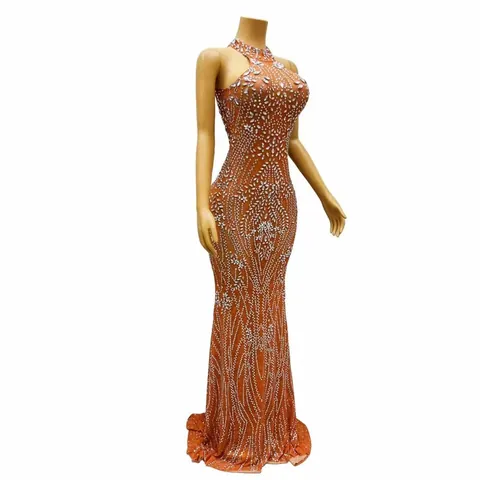 Sexy Halter Neck Rhinestone Long Evening Dress For Women Luxurious Mermaid Bodycon Banquet Party Performance Maxi Dress Polyester