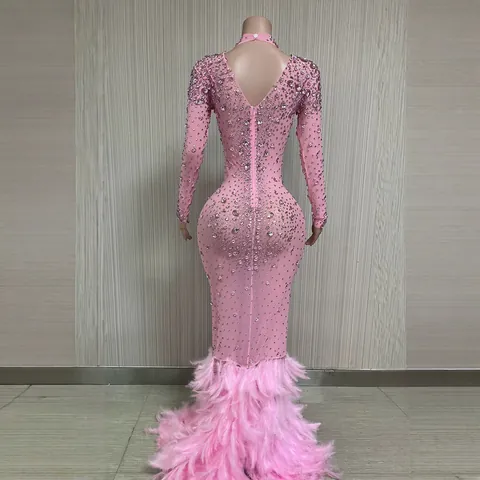 Luxuriöses Damen Strass Pailletten Feder Abendkleid Netz Langarm Rückenfrei Meerjungfrau Bankett Bühne Performance Party Kleid