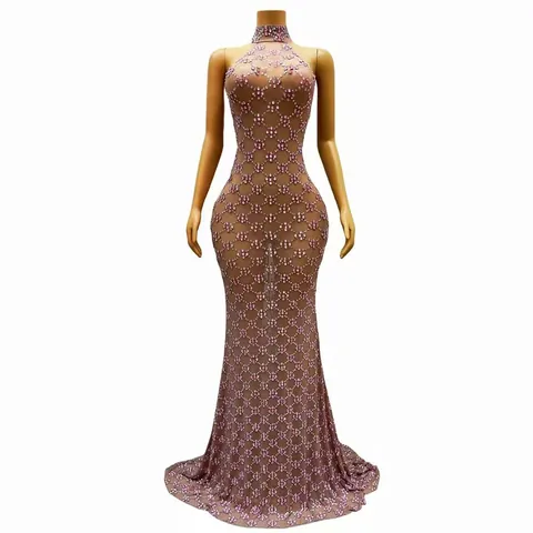 Women Halter Neck Rhinestone Evening Dress Pink Sheer Mesh Large Hem Performance Long Dress Elegant Party Gown For Banquet Nightclub