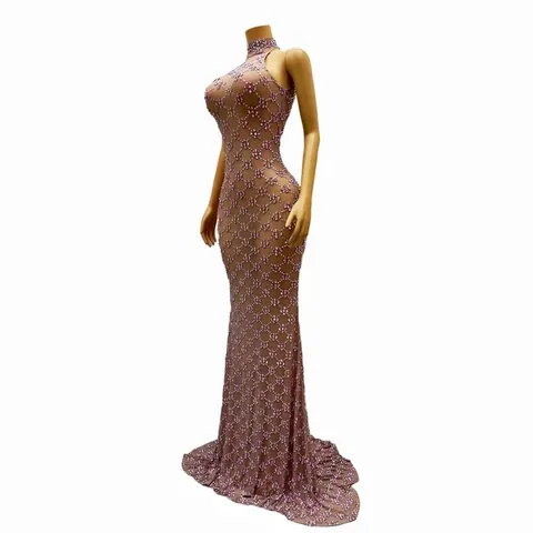 Women Halter Neck Rhinestone Evening Dress Pink Sheer Mesh Large Hem Performance Long Dress Elegant Party Gown For Banquet Nightclub