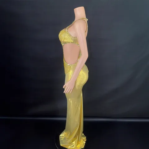 Women Sexy Bodycon Maxi Dress Side Cut Out Rhinestone Chain Long Party Evening Gown Elegant Sleeveless Formal Dress