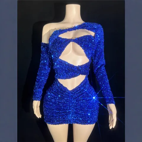 Sexy Women's One-Shoulder Sequin Mini Dress Hollow Out Bodycon Ruched Party Evening Club Short Dress Polyester Sequined Outfit