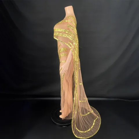 Women Elegant V Neck Sequin Mesh Long Dress Fashion Cloak Cape Design Slim Fit Evening Gown Party Wedding Dress